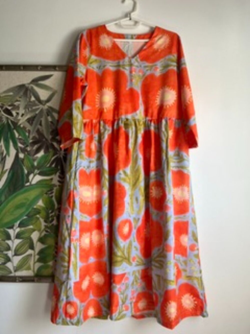 Orange Floral Pattern Midi Dress Women's L